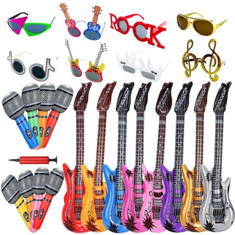 PRICES MAY VARY. Rock Star Set - You will get 8 kinds of funny sunglass: Guitar, notes, ROCK gestures, etc, and 8 inflatable rock 'n roll electric guitar, 8 inflatable plastic microphone 1 hand held air inflator (free bonus). Best choice for Rock and Roll party decorations and you will have fun with these rock and roll party supplies. Rock and Roll Funny Eyewear - There are many types of funny glasses for your choices, two shpae Rock Guitar, "ROCK" gestures, Note, king of Rock, Asymmetric Funny Rock And Roll Halloween Party, Rock Band Party Ideas, Rock And Roll Theme Party Decorations, Rock N Roll Party Ideas, Rock Party Decorations, Rock And Roll Theme Party, Rock And Roll Party Decorations, Rock And Roll Party, Rock And Roll Birthday Party