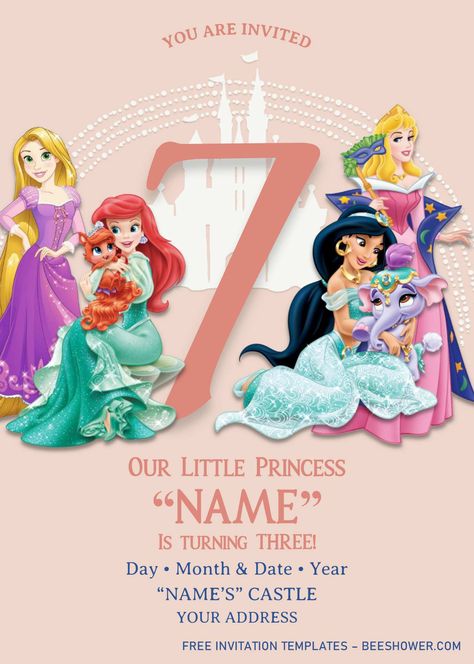 Free Disney Princess Birthday Invitation Templates - Editable With MS Word Disney Princesses Birthday Invitation, Disney Princess Invitations Free, Disney Princesses Invitation, Princess Invitation Template Birthday, Disney Princess Birthday Inv, Party Planner Template, Disney Princess Invitations, Free Printable Christmas Cards, Princess Party Invitations