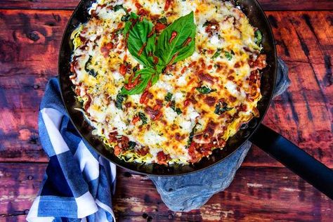 A Recipe for Easy, Cheesy, Skillet-Baked Linguine with Fresh Ground Elk | Outdoor Life Tomato Casserole, Indulgent Recipes, Butter Beans Recipe, Pizza Cheese, Cracked Wheat, Bean Recipe, Vegetarian Comfort Food, Cheese Spinach, Tomato And Cheese