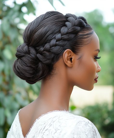 🌸 Glamorous Braids Updo Hairstyle: Effortless Braided Bun Bridal Hair Look African Bridal Hairstyles Natural Hair Brides, Bridal Hairstyles Natural Hair, African Bridal Hairstyles, Natural Hair Brides, Bun Bridal Hair, Textured Low Bun, Braids Updo, Braid Bun, Natural Hair Bride