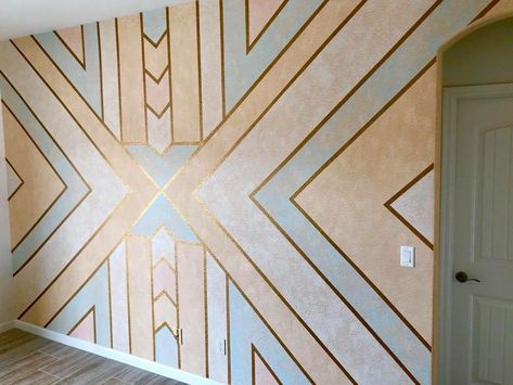 Gold Paint Accent Wall, Aztec Wall Paint, Southwestern Accent Wall, Southwest Accent Wall, Hand Painted Accent Wall, Western Boho Bedroom, Painted Accent Wall, Lotus Temple, Accent Wall Paint