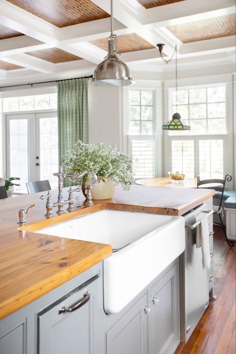 Butcher Block Island With Farmhouse Sink, Farmers Sink Kitchen Island, Butcher Block Kitchen Island With Sink, Blue Island With Butcher Block Top, Kitchen Island With Apron Sink, Craftsman Kitchen Sink, Apron Sink In Island, Wood Island With Sink, Farm Sink In Island