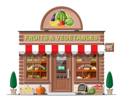 Tienda de frutas y verduras Vector Premi... | Premium Vector #Freepik #vector #comida #negocios #ciudad #edificio Street Shop Design, Banana Vector, Store Facade, Fruit Store, Organic Food Products, Christmas Lights Background, Shop Facade, Supermarket Design, Shop Buildings