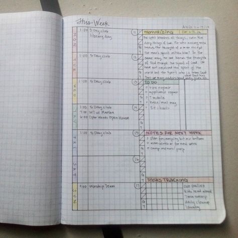 Updated my weekly spread because I've noticed I somehow like columns of info a little more than blocks. So left side is the days and right is tasks. Built in a $2 composition notebook with grid paper from office depot #plannernerds #plannerlove  #bulletjournal Composition Notebook Planner, How To Bullet Journal, Journal Organization, Weekly Layout, Planner Obsessed, Planner Organiser, Filofax Planners, Todo List, Dot Grid