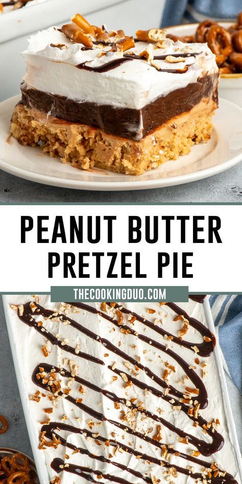 This chocolate peanut butter pretzel pie is a luscious dessert combining a buttery, salty pretzel crust with layers of rich, no-bake peanut butter cheesecake and pudding and topped with a sweet and salty topping of whipped cream, crushed pretzels, and chocolate sauce. Peanut Butter Hot Fudge Pie With Pretzel Crust, Best Sweet Treat Recipes, No Bake Peanut Butter Pretzel Dessert, No-bake Peanut Butter Chocolate Pretzel Pie, No Bake Peanut Butter Chocolate Pretzel, Easy No Bake Dessert Dips, No Bake Peanut Butter Chocolate Pretzel Pie, Best Chocolate Peanut Butter Dessert, Caramel Pretzel Dessert