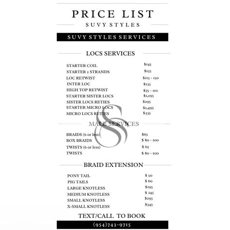 Price list is now up 🤩 anything to make my clients life easier❗️ No need for the website anymore just call or text for any questions ✨ if you don’t see the service on here don’t be afraid to ask 🥰 📍Hallandale,FL #locnationthemovement #dread #dreadstyles #miamiloctician #miamiheat #sisterlocks #sisterlockstyles #Newyorkhairstylist #newyorkhair #dreadstyles #miamihairstylist #locs #dreadloc #miamihairstylist #atlhair #detroithairstylist #extendedponytail #dreadhead #mendreadstyles #miami #n... Loc Retwist Price List, Braiders Price List, Beginner Braider Prices, Loc Sizing, Hair Braider Price List Template, Men Dread Styles, Extended Ponytail, Micro Locs, Sister Locs