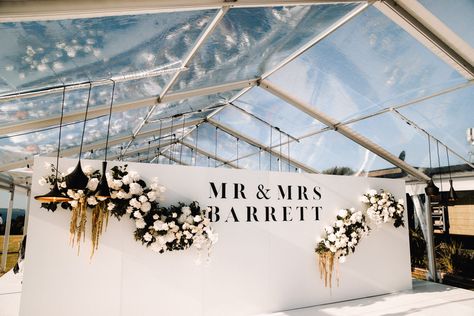 Hannah and Beauden - Wedding Reception with Twelve Tables Modern Photo Backdrop Wedding, Wedding Reception Statement Piece, Modern Wedding Backdrop Receptions, Modern Chic Wedding Reception, Sinages Design Wedding, Wedding Bar Backdrop, Beauden Barrett, Wedding Backdrop Reception, White Wedding Backdrop