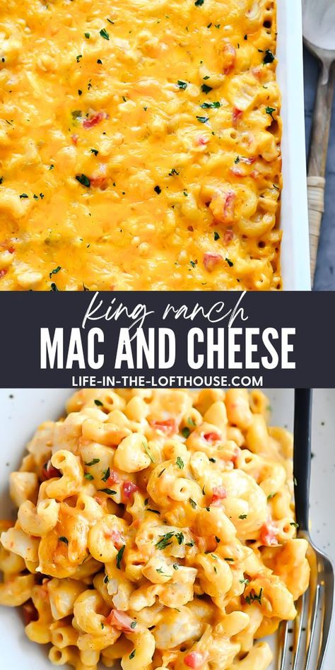 This Mac and Cheese is loaded with chicken, tomatoes, green chilies and more! Life In The Lofthouse Recipes, Ranch Mac And Cheese, Life In The Lofthouse, Chicken Tomatoes, King Ranch Chicken, Mac And Cheese Casserole, Banana Peppers, Chicken Dinners, King Ranch