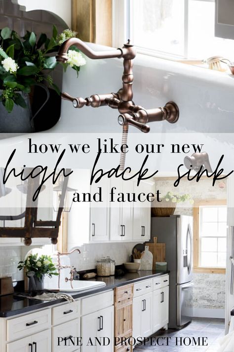 High Back Sink, Pine And Prospect Home, Pine And Prospect, Farmhouse Kitchen Countertops, English Cottage Kitchens, Low Budget Decorating, Farmhouse Kitchen Colors, Cottage Kits, Farmhouse Sink Faucet