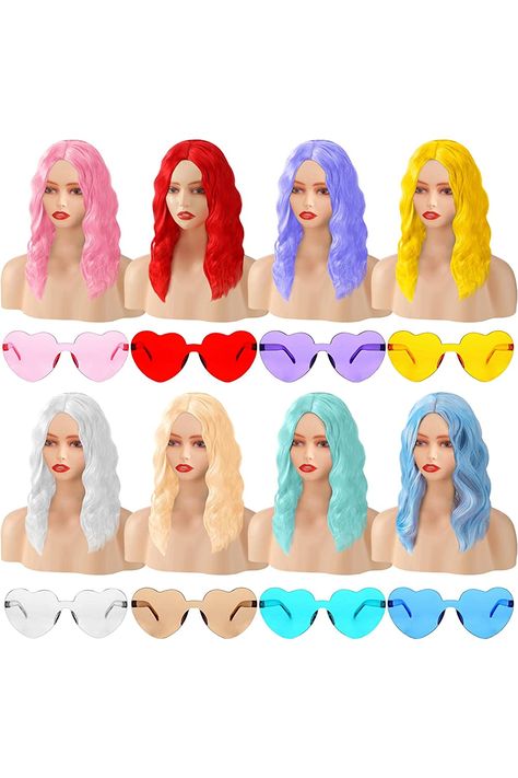 8 Set Party Neon Wigs and Sunglass Set Colorful Curly Wavy Wigs Bulk for Women Cosplay Hairpieces Wig with Heart Shape Sunglasses for Wedding Bachelorette Neon Party Favor, Halloween Decorations Bachelorette Party Colorful, Neon Bachelorette, Cosplay Wedding, Party Neon, Shape Sunglasses, Wavy Wigs, Women Cosplay, Heart Shaped Sunglasses, Colored Wigs