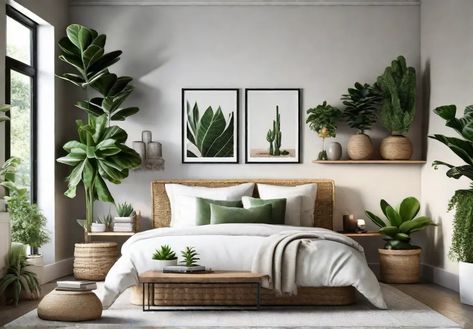 A tranquil bedroom oasis filled with lush lowmaintenance indoor plants like a Tranquil Bedroom, Bedroom Oasis, Bedroom Plants, Modern Bedroom Decor, Bedroom Decorating, New Living Room, Modern Bedroom, Guest Room, Indoor Plants