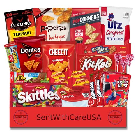 ❤️ Red Themed Gift Box Surprise someone you love with our Red Gift Box / Red Snack Box! Whether you're looking for an I love you gift, college care package, red candy box, or gifts for him / gifts for her, you're sure to put a smile on their face with this red gift basket! This snack box includes a classic mix of candy, chips & more. A great gift box for friends, birthday gifts for family, long distance friends, or anyone stuck at home during quarantine.  Standard Package contents include: 🔴 Du Red Snacks For Party, Red Gift Basket, Red Snacks, Long Distance Friend Gifts, Red Stuff, Red Basket, Chewy Granola Bars, Pixar Films, Red Gift Box