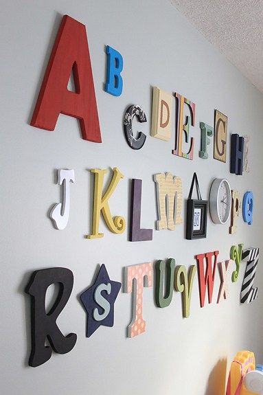 Baby shower painted letters activity - painting wood letters for nursery Starting A Daycare, Ideas Habitaciones, Letter Decor, Alphabet Wall, Letter Activities, Painted Letters, Kids Wood, School Decorations, Wood Letters