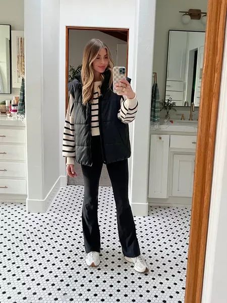 My go-to winter outfit! Love pairing these groove pants with a puffer vest and striped sweater for a cute everyday outfit. Tap to shop! Crop Sweater Outfit, Cropped Sweater Outfit, Casual Winter Outfit, Easy Street, Cold Weather Outfits, Crop Sweater, Everyday Outfit, Cute Everyday Outfits, Casual Winter Outfits