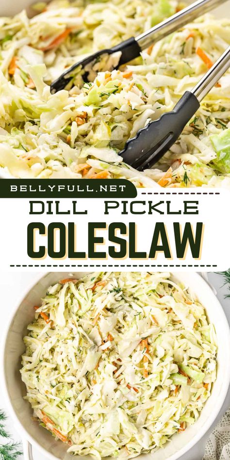 Add a tangy twist to your summer spread with this Dill Pickle Coleslaw recipe! Crunchy cabbage, zesty dill pickles, onions, and carrots coated in a creamy mayo-based dressing for a tangy, crunchy sensation that's perfect for any BBQ! A simple summer side dish that is sure to impress! Creamy Dill Coleslaw Recipe, Pickle Juice Coleslaw, Pickle Coleslaw Recipe, Dill Pickle Coleslaw Recipe, Dill Coleslaw Recipe, Pickel Salad, Pickled Coleslaw Recipe, Dill Pickle Recipe Dishes, Garlic Coleslaw Recipe