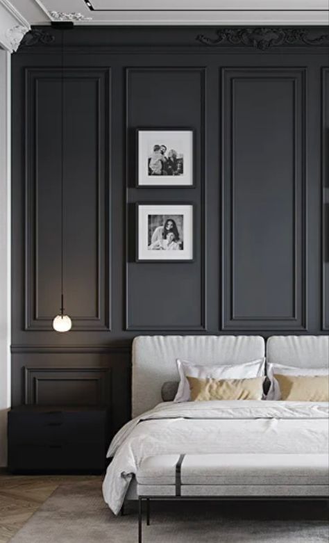 Black Panelled Bedroom, Black Wall Paneling Bedroom, Black Panelling Bedroom, Black Panel Bedroom, Wall Paneling Diy, Neoclassical Interior, Hotel Room Design, Timber Panelling, Black Bedroom