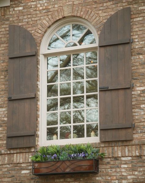 Arched Board & Batten Shutters Window Shutters Diy, Window Shutters Exterior, Exterior Wall Panels, Outdoor Shutters, Best Exterior Paint, Exterior Window, House Shutters, Board And Batten Shutters, Diy Shutters