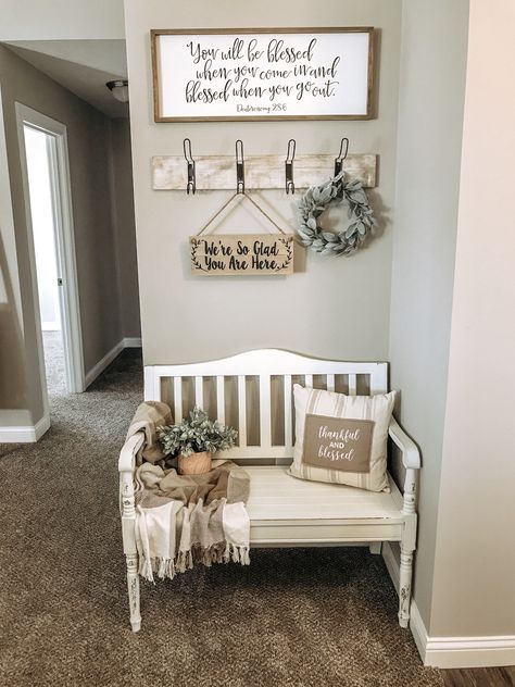 Wall Decor Above Bench Entry Ways, Entryway Decor Stairway, White Master Furniture, Rustic Den Decor, Farmhouse Walls And Trim, Entrance Bench Decor, Hall Bench Decor Ideas, Above Bench Wall Decor, Rustic Farmhouse Entryway Ideas