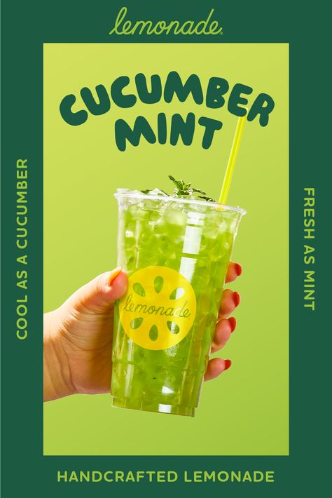 Freshly juiced cucumber, fresh sprigs of mint and classic lemonade come together to create our fan-favorite Cucumber Mint Lemonade, our version of a green juice 🥒🌿 Follow the link to order! Juice Shots Aesthetic, Fresh Juice Photography, Lemonade Menu, Juice Advertisement, Cucumber Mint Lemonade, Lemonade Poster, Drink Poster Design, Classic Lemonade, Cucumber Lemonade