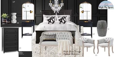 bedroom design ideas glam - Google Search Black And White Glam Bedroom, Modern Bedroom Black, Glam Chic Bedroom, Glam Bedroom Design, Vintage Modern Bedroom, Male Bedroom Ideas, Dark Bedroom Furniture, Living Room Redesign, Glam Bedroom