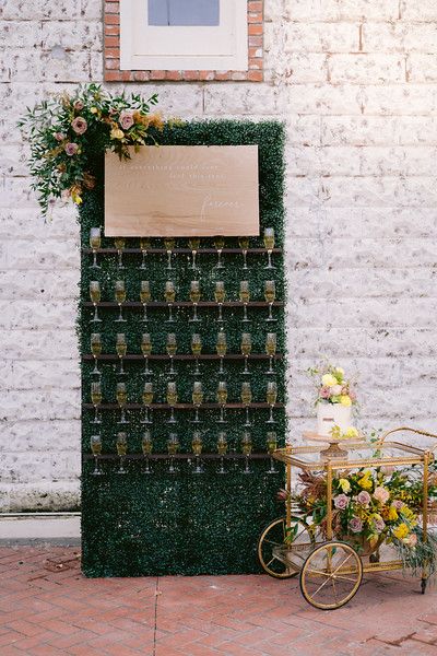 Steph Smith Weddings, champagne wall, unique ideas for your wedding, decor ideas, wedding decor, grass wall, wedding bar cart, floral cake, naked cake. stephsmithweddings.com Diy Champagne Wall, Wedding Bar Cart, Champagne Wall, Bright Wedding Flowers, Martha Weddings, Rustic Wedding Decorations, Flower Wall Wedding, Wedding Wall, Bright Wedding