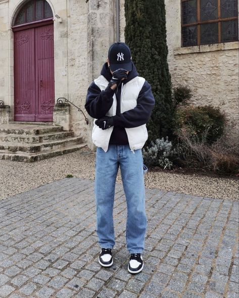 Jeans And Dunks Outfit Man, Blue Jeans Streetwear Men, Blue Puffer Vest Outfit Men, Baggy Jeans Outfit Men Streetwear, Baggy Jeans Outfit Men Mens Fashion, Puffer Vest Men Outfit, Baggy Blue Jeans Outfit Men, Blue Puffer Jacket Outfit Men, Men Vest Outfits Casual