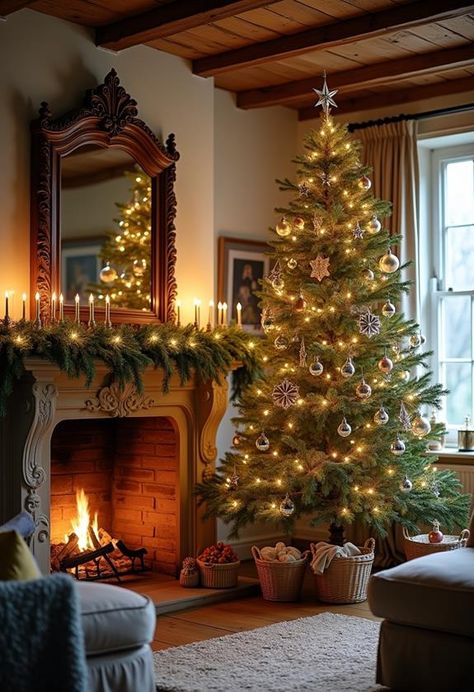 7 Charming Cottage Christmas Decor Ideas - DesignerAffair English Cottage Christmas Tree, English Cottage Christmas, Cottage Christmas Tree, Countryside Christmas, Cottage Christmas Decor, Charm Display, Rustic Wreaths, Rustic Ladder, Thrifty Diy