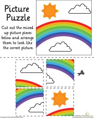 Rainbow Picture Puzzle | Worksheet | Education.com Rainbows Craft, Kindergarten Patterns, Rainbow Toast, School Bus Pictures, Kindergarten Math Printables, Puzzle Worksheet, Rainbow Activities, Teaching Esl, Kindergarten Worksheets Free Printables