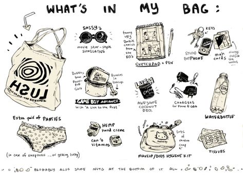 Whats In My Bag Drawing Oc, Whats In My Bag Illustration, What's In My Bag Drawing, Drawtober 2024, Mental Diet, Bag Tour, Small Doodles, Backpack Drawing, What's In My Backpack