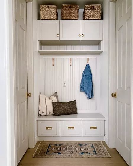 Natural Wooden Coat Hooks Wall … curated on LTK Black Herringbone Tile Floor, Jaci Daily, White Bench Entryway, Blue Herringbone Tile, Black Herringbone Tile, Beadboard Trim, Stained Wood Trim, Small Mudroom Ideas, Herringbone Tile Floors