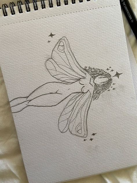 Fairy Butterfly Drawing, Fairy With Dragonfly Wings Drawing, Curly Hair Fairy Tattoo, Dragonfly Fairy Tattoo, Fairy Drawing Ideas Easy, How To Draw Fairy Wings, Evil Fairy Drawing, Rough Sketches Doodles, Fairy Wings Sketch