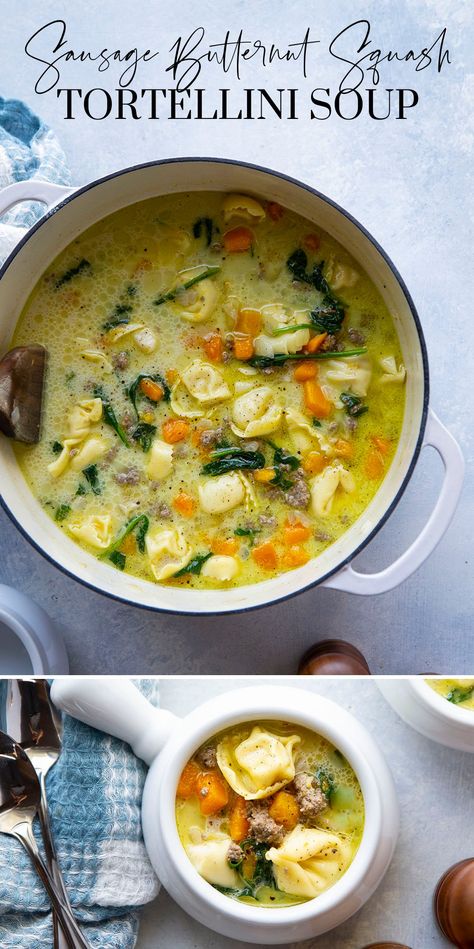 Butternut Squash Tortellini, Squash Tortellini, Sausage Butternut Squash, Butternut Squash Sausage, Cheese Tortellini Recipes, Ravioli Soup, Sausage Tortellini, Italian Sausage Soup, Butternut Squash Recipes Soup