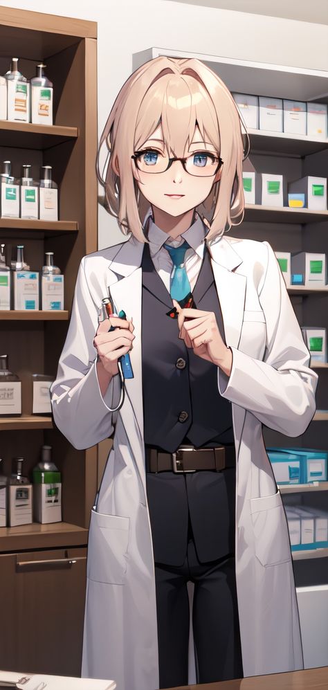 Violet evergarden, Ali AJ Art, AI generated, pharmacy, pharmacist, lab coat, glasses, mobile wallpaper Pharmacy Art, Medical School Life, Violet Evergarden Anime, Islamic Cartoon, Violet Evergarden, Medical Illustration, Hair Girl, Light Hair, Pharmacist