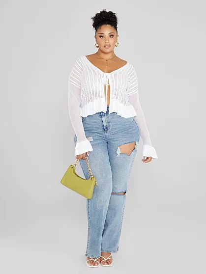 Plus Size Clothing | Fashion to Figure Cropped Crochet Cardigan, High Neck Lace Blouse, Women's Plus Size Jeans, Overall Outfit, Fashion To Figure, Stylish Sweaters, Knit Sleeve, Long Sweaters Cardigan, Satin Maxi Dress