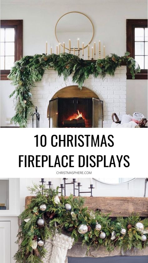 Scandinavian Christmas Mantle Ideas, Christmas Fireplace With No Mantle, Modern Farmhouse Christmas Mantle Decor, Fire Mantle Christmas Decor, Tall Fireplace Christmas Decor, Harth Fireplace Christmas Decor, Wreath On Mantle Christmas, Neutral Mantle Decor Christmas, Simple Elegant Christmas Mantel