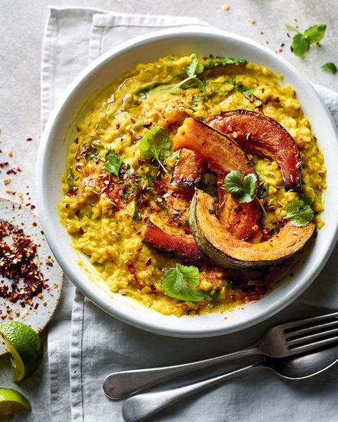 Spiced rice and lentils with roast squash Roast Squash, Rice And Lentils, Dhal Recipe, Indian Side Dishes, Indian Rice Recipes, Spiced Rice, Healthy Recipes On A Budget, Delicious Magazine, Cooked Rice