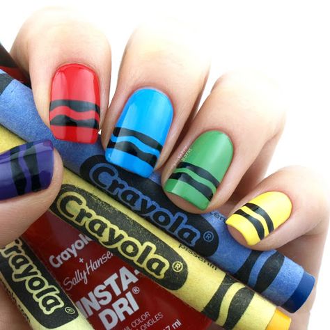 Crayon Nails Acrylic, Crayola Nails Design, Teacher Acrylic Nails, Art Teacher Nails, Crayola Nails, Fun Design Nails, Back To School Nails For Teachers, Cute Nails For Back To School, Teacher Nails Designs