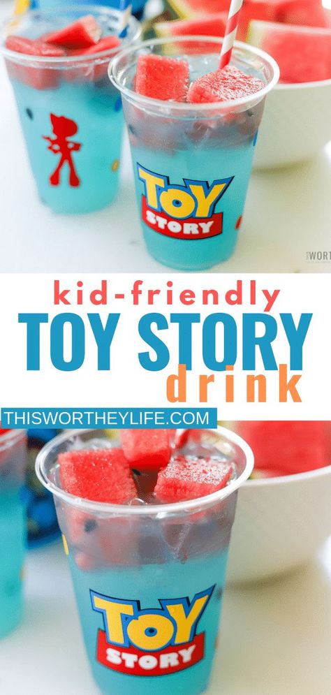 Create a Toy Story drink for the kids using our Blue Bo Lemonade recipe on the blog. It's a fun drink that kids will love and great to serve at a Toy Story party! #ToyStory #toystory4 #drinks Toy Story Party Food, Toy Story Crafts, Birthday Party Drinks, Toy Story Party Decorations, Kid Friendly Drinks, Toy Story Baby, Toy Story Theme, Toy Story Cakes, Birthday Drinks