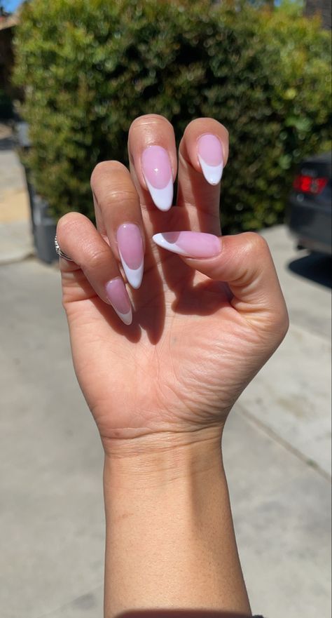 Almond French tip nails Tip Nails Almond, French Tip Nails Almond, Almond French Tip Nails, Almond French Tip, Almond Nails Pink, Almond Nails French, Long Almond Nails, Gel Acrylic Nails, Almond Shape Nails