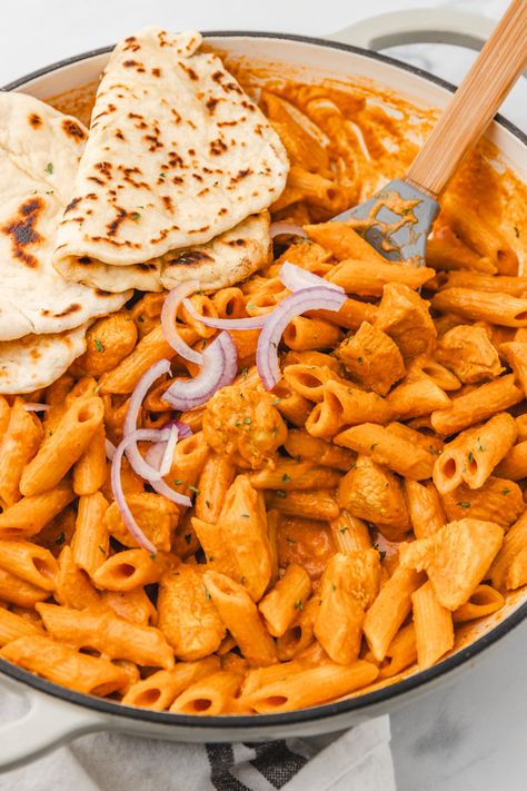 Butter Chicken Pasta Recipes, Butter Chicken Pasta, Butter Chicken Sauce, Yogurt Marinated Chicken, Butter Chicken Curry, Curry Pasta, Chicken Sauce, Indian Butter Chicken, Cooked Pasta