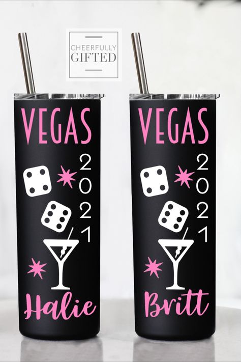 Vegas cups, Vegas, Vacation cups, travel tumbler, steel tumbler, girls trip cup, girls vacation trip, party cups, bachelorette party Las Vegas Tumbler Ideas, Vacation Cups, Koozie Ideas, Vegas Vacation, Girls Vacation, Custom Tumbler Cups, Vegas Trip, Tumbler Ideas, Custom Tumbler