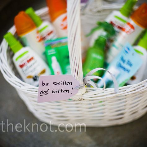 A wicker basket of bug spray was set out for the guests to use with a card that read “be smitten not bitten.” Be Smitten Not Bitten, Outdoor Wedding Shoes, Summer Wedding Outdoor, Bug Spray, Museum Wedding, Outside Wedding, Wedding Advice, Southern Wedding, Outdoor Parties