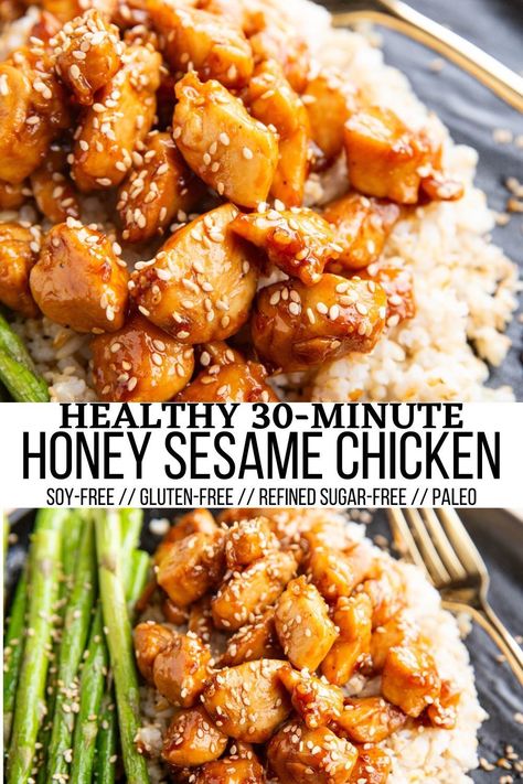 Healthy Sesame Chicken made with better-for-you ingredients for a health-conscious version of the classic takeout. Soy-free, refined sugar-free, and gluten-free, this simple recipe requires 30 minutes or less! Serve it up with rice and veggies for a complete meal. #healthy #chicken #paleo #glutenfree Low Carb Sesame Chicken, Paleo Sesame Chicken, Sesame Chicken Stir Fry, Healthy Sesame Chicken, Easy Sesame Chicken, Gluten Free Meal Prep, Rice And Veggies, Dairy Free Recipes Dinner, Refined Sugar Free Recipes