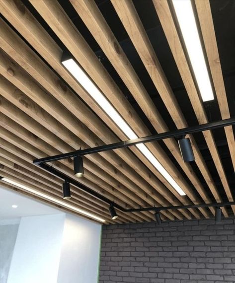 Meja Industrial, Wood Slat Ceiling, Basement Ideas On A Budget, Wooden Ceiling Design, House Renovation Projects, Wood Wall Design, New Ceiling Design, Modern Cupboard Design, Ceiling Design Modern