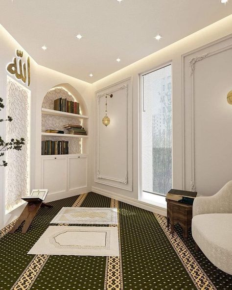 Islamic Interior Design, Muslim Prayer Room Ideas, Prayer Room Ideas, Home Bedroom Design, Mosque Design, White Room Decor, Small Couch, Spa Rooms, Retro Bedrooms