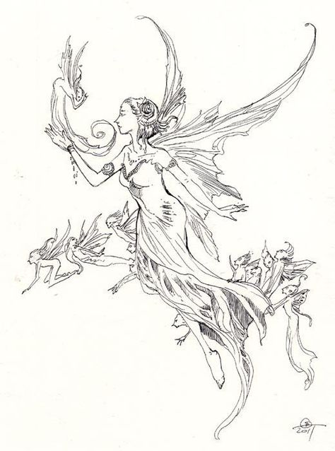 Fairy Illustration Tattoo, Fairy Ink Drawing, Goth Fairy Drawing, Realistic Fairy Drawing, Sylph Tattoo, Fairy Holding Flower Tattoo, Fairy Flying Drawing, Flying Fairy Drawing, Detailed Fairy Tattoo