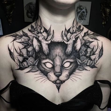 Cat Chest Tattoo, Tattoo Emo, Chest Neck Tattoo, Tattoo Uk, Black Cat Tattoos, Chicano Style Tattoo, Neck Tattoos Women, Work Tattoo, Tattoo Skin