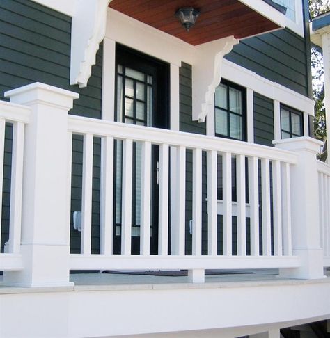 White Aluminum Deck Railing, White Railing, Vinyl Deck Railing, Deck Skirting Ideas, 1920 Bungalow, Skirting Ideas, Farmers Porch, Pvc Railing, Garage Build