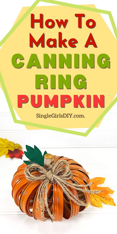 Use canning jar rings to make a cute rustic pumpkin perfect for a farmhouse decoration. An easy Dollar Tree DIY craft! Canning Lid Pumpkin, Canning Ring Pumpkin, Mason Jar Lids Crafts, Jar Lid Crafts, Clothespin Diy Crafts, Fall Pumpkin Crafts, Canning Jar Lids, Inexpensive Crafts, Canning Lids