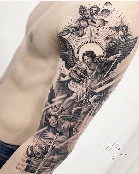 Angle Tattoo, St Michael Tattoo, Tato Salib, Half Sleeve Tattoos Forearm, Archangel Tattoo, Half Sleeve Tattoos Drawings, Realistic Tattoo Sleeve, Men Tattoos Arm Sleeve, Forearm Sleeve Tattoos